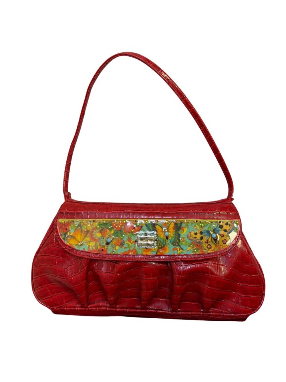 Stella Page Red Croc-Embossed Shoulder Bag With Butterfly & Floral Accents